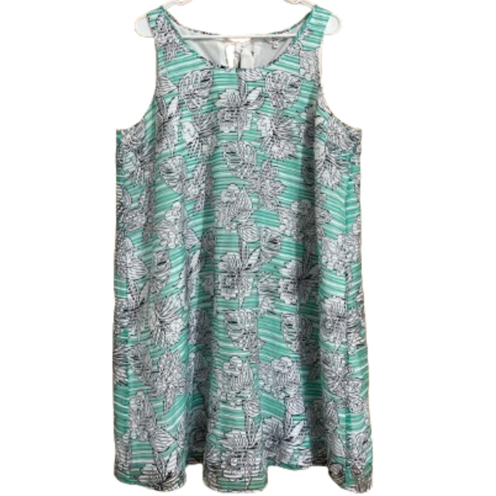 crown & ivy Women’s White & Green Leaf Print Back Tie Shift Summer Dress Sz-XL